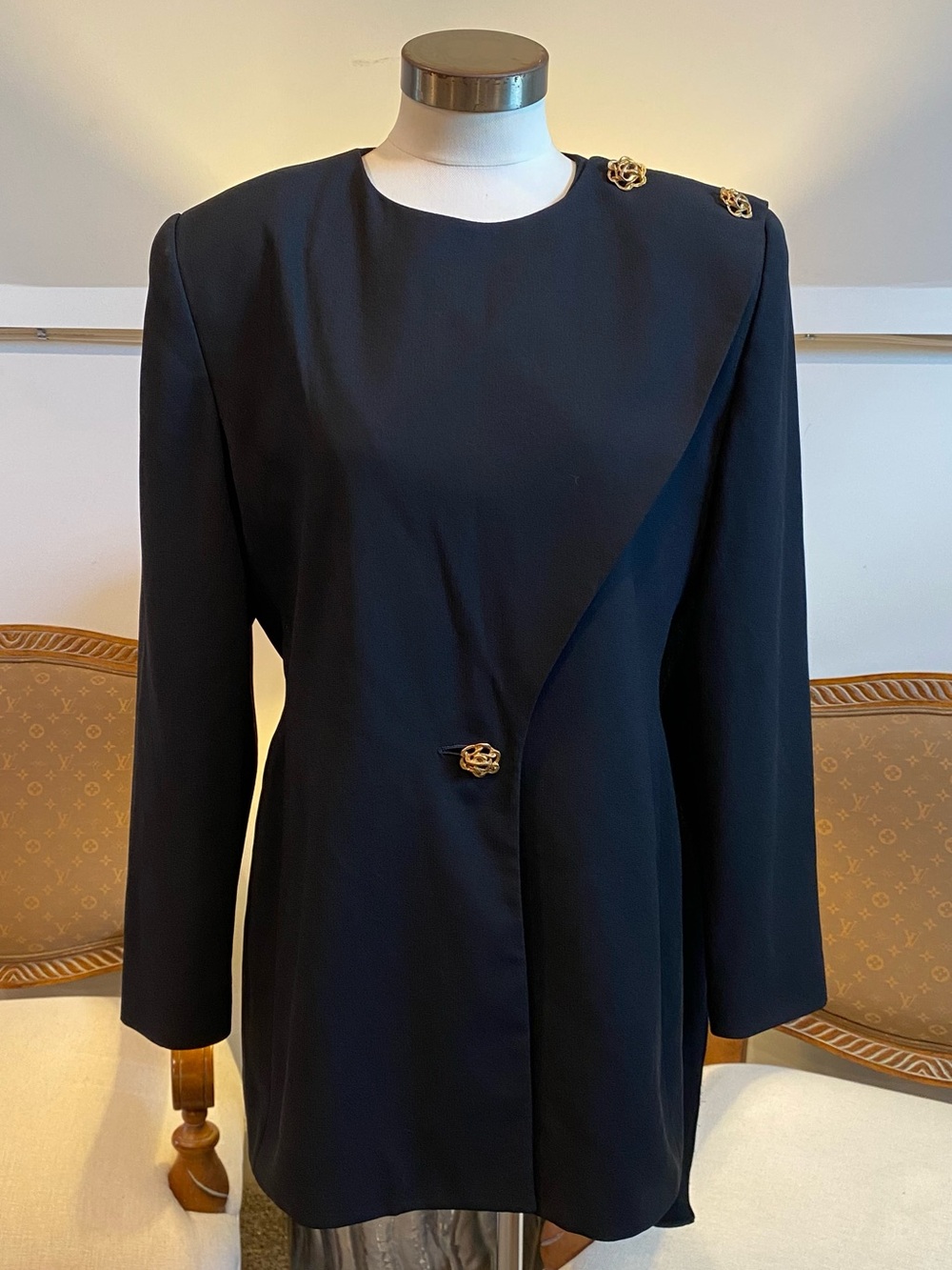 Vintage 80s/90s Casual Corner Asymmetric Wrap Blazer Jacket Dress L Gold Buttons